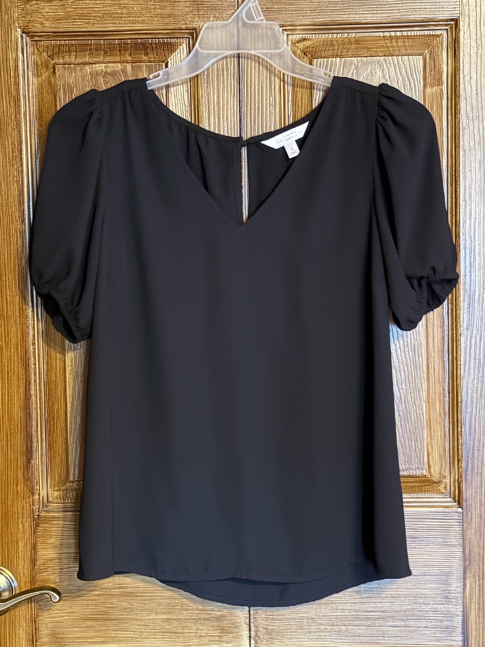 LC Lauren Conrad Black V-Neck Puff Sleeve Blouse Size Small
